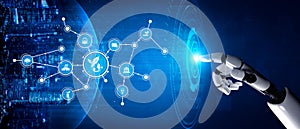 Futuristic Robotic Hand Interacting with Digital Interface in a High-Tech Environment Representing Artificial