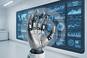 Futuristic robotic hand interacting with digital interface in high-tech laboratory. concept of artificial intelligence, advanced