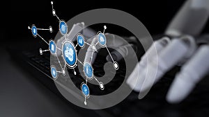 Futuristic robotic hand interacting with digital interface on keyboard showcasing technology, innovation, data