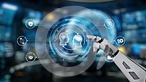 Futuristic robotic hand interacting with digital interface showcasing artificial intelligence concepts and human brain