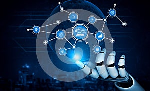 Futuristic robotic hand interacting with digital interface, showcasing artificial intelligence, data connection, and
