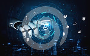 Futuristic robotic hand interacting with digital interface showcasing artificial intelligence, data processing