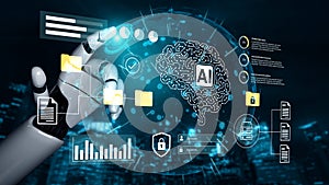 Futuristic robotic hand interacting with digital interface showcasing artificial intelligence, data security, and brain