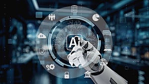 Futuristic robotic hand interacting with digital interface showcasing artificial intelligence symbols and data analytics