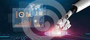 Futuristic robotic hand interacting with digital interface showcasing data analytics and global connections in a tech