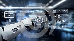 Futuristic robotic hand interacting with digital interface showcasing generative AI technology and brain data