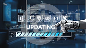 Futuristic Robotic Hand Interacting with Digital Interface During Software Update Process in High-Tech Office