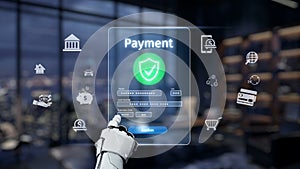 Futuristic Robotic Hand Interacting with Digital Payment Interface in Modern Office Setting Featuring Secure Payment