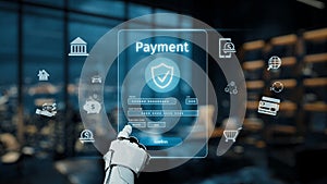 Futuristic Robotic Hand Interacting with Digital Payment Interface in Modern Office Setting Featuring Secure Payment