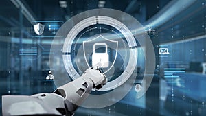 Futuristic Robotic Hand Interacting with Digital Security Lock Interface in High-Tech Environment, Concept of Data