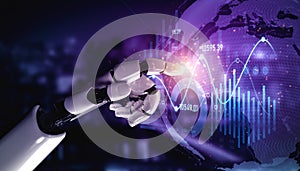 Futuristic Robotic Hand Interacting with Dynamic Data Visualizations on a Digital Globe for Business Analytics and