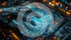 Futuristic robotic hand interacting with a high-tech interface - generative ai