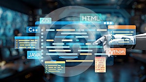 Futuristic robotic hand interacting with programming code displays in a high-tech environment showcasing various coding