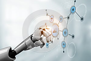 Futuristic robotic hand interacting with virtual interface showcasing various technology icons and data analytics