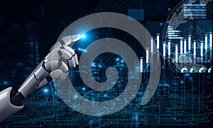 Futuristic robotic hand reaching towards data analytics interface with glowing graphics representing technology