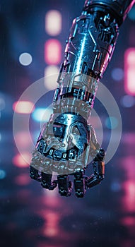 Futuristic robotic hand with neon lights in a cyberpunk metropolis