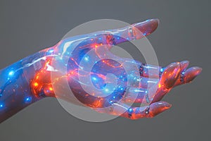 Futuristic robotic hand with neon lights and visible circuitry on gray background photo
