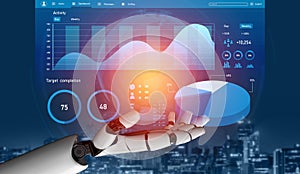 Futuristic Robotic Hand Presenting Data Visualization and Analytics on a Digital Interface with Graphs and Charts Impute