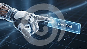 Futuristic Robotic Hand Pressing Digital Start Button for 2026