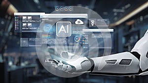 Futuristic robotic hand interacting with artificial intelligence interfaces showcasing data analysis, digital technology