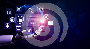 Futuristic robotic hand interacting with digital icons representing security, data, technology, cloud computing, and