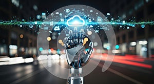 Robotic hand with cloud data isolated on transparent background