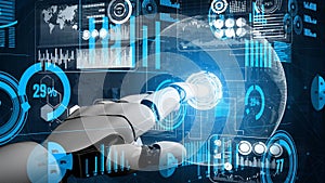 Futuristic robotic hand reaching into a digital interface with glowing data analytics, graphs, and technology concepts