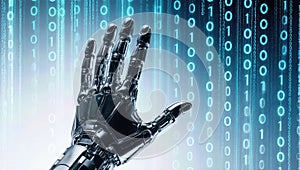 A futuristic robotic hand reaching out against a digital binary code background representing artificial intelligence and