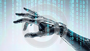 A futuristic robotic hand reaching out against a digital binary code background representing artificial intelligence and