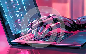 Advanced robot hand typing on laptop screen with coding interface