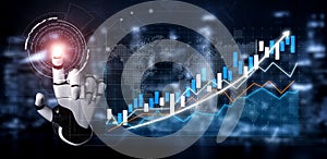 Futuristic robotic hand touching digital interface with rising financial graphs and data visualization elements in a