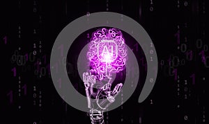 Futuristic robotic hand touching glowing AI brain symbol with binary code background, representing artificial intelligence, neural
