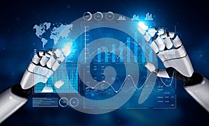 Futuristic robotic hands interacting with data analytics visualizations, showcasing technology, innovation, and