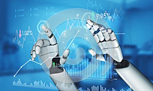 Futuristic robotic hands interacting with digital charts and graphs, showcasing advanced technology and data analysis in