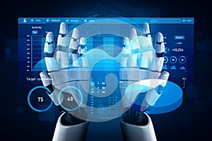 Futuristic Robotic Hands Interacting with Digital Data Interface and Graphs for Technology and Innovation Themes Impute