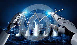 Futuristic robotic hands interacting with digital data visualization, depicting analytics, technology, artificial
