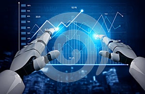Futuristic Robotic Hands Interacting with Digital Graphs and Data Visualizations in High-Tech Environment for Financial