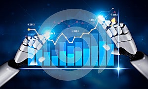 Futuristic robotic hands interacting with digital graphs and data visualizations representing technology, analytics, and