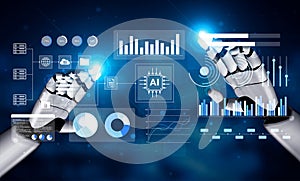 Futuristic robotic hands interacting with digital interface showcasing data analysis, artificial intelligence, and