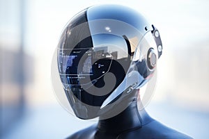 Futuristic robotic helmet design with digital interface at an outdoor setting
