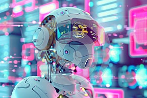 Futuristic robotic illuminated by vibrant lights in data center with digital interface and cybernetic. Global Internet connection