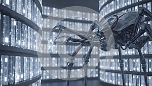 Futuristic Robotic Spiderlike Machine Accessing Glowing Data Module in High Tech Digital Library