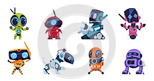 Futuristic robots. Cartoon modern AI characters of different types, set of personal assistants. Vector retro game design