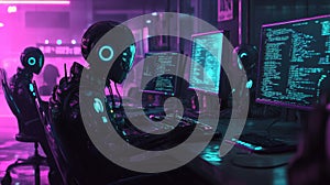 Futuristic robots coding in a neon-lit workspace