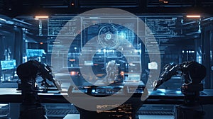 Futuristic robots operating computers in advanced technology center