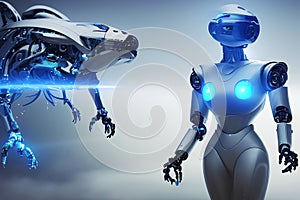 Futuristic robots, technology background with technological cybernetics devices and robotics