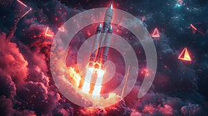 Futuristic Rocket Ascending Amidst a Cloudy Space Environment photo