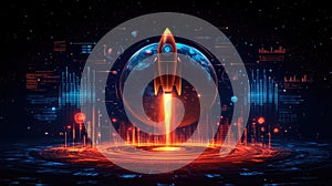 Futuristic rocket launch in space with digital data interfaces