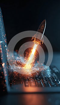 Futuristic Rocket Launching from Laptop in Digital Grid Concept Art