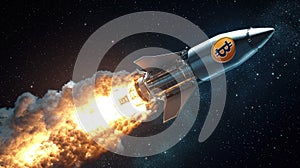 Futuristic Bitcoin Rocket Launch in Deep Space
